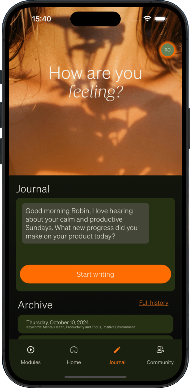 The Afterglow client mobile app: a journal entry view with guided reflection prompts
